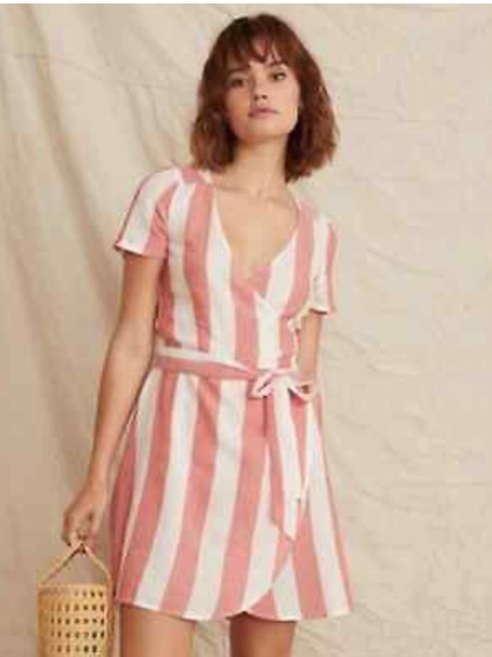 Marine Layer Frances Wrap Dress Red White Striped Linen Blend Coastal Sz XL